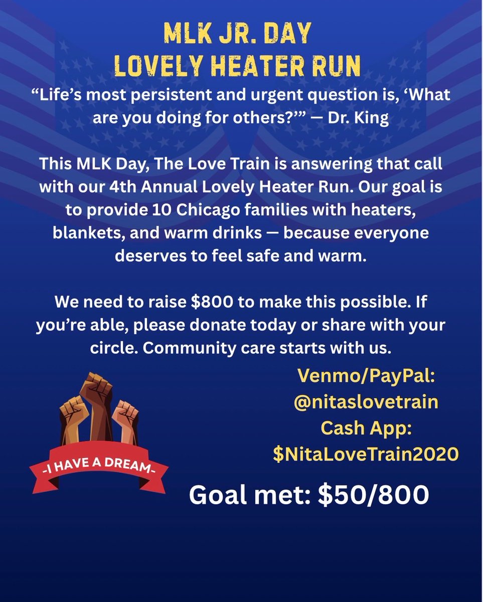 Happy Sunday, lovelies ✨

This MLK Day, The Love Train is hosting our 4th Annual Lovely Heater Run to support 10 Chicago families with heaters and blankets.

We’re raising $800 — every love fund helps keep a family warm.
Venmo/PayPal: @nitaslovetrain
Cash App: $NitaLoveTrain2020