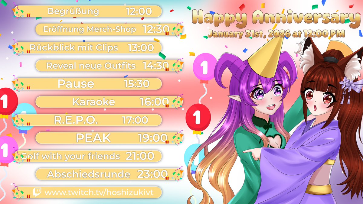 ⛩️Der Zeitplan ist da!⛩️

Hiermit erhaltet ihr den Tagesplan für das 1. Jubiläum des Schreins!

<a href="/RaeliaLaubwind/">Raelia Laubwind | (Un-) Heilige Allianz</a> &amp; ich haben ein tolles Programm zusammengestellt und wunderbare Gäste eingeladen. Die Gästeliste bekommt ihr noch unter diesem Post gezeigt~

Wir freuen uns auf euch!