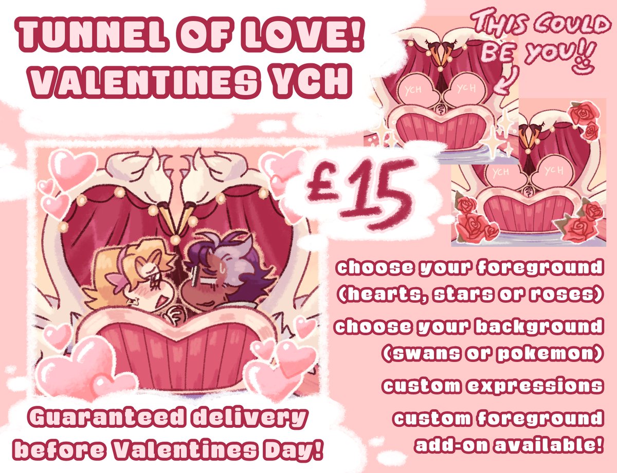 NEXT SUNDAY (1st feb) i'll be opening 10 slots on #VGen for a tunnel of love YCH! just in time for valentines day :-) more examples below<3
💌💗💞💝💘🩷
#yumetwt