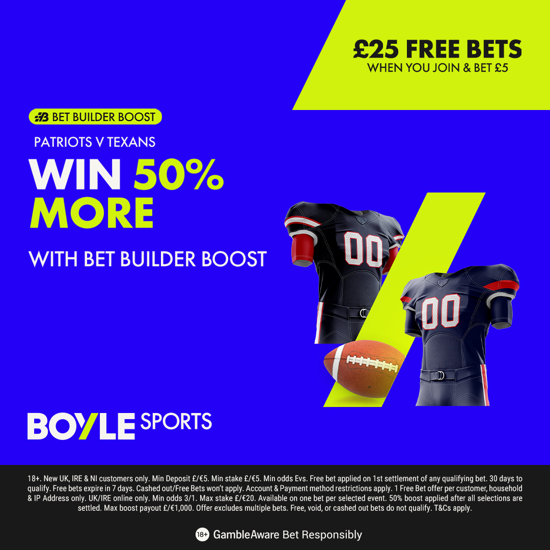 TEXANS @ PATRIOTS BUILDER 🔨

📈 £10 returns £55 @ BOYLE Sports (50% boost)

BET £5 &amp; GET £25 IN FREE BETS!!
👉 ttips.bet/BoylesNFLOffer

DROP A ❤️ IF TAILING!

- With Collins out, you’d expect Patriots to run man coverage at a higher rate, which Kirk see’s a nice increase in