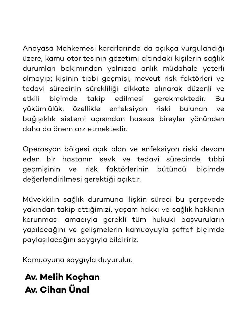 melihhkochan's tweet image. Basın ve kamuoyunun bilgisine…

Müvekkil Mehmet Murat Çalık, boyun bölgesinden kısa süre önce ikinci kez cerrahi operasyon geçirmiştir. Operasyon bölgesinde dikişler henüz alınmamış, yara iyileşmesi tamamlanmamış olup, bölge enfeksiyona açık durumdadır.

Katip Çelebi…
