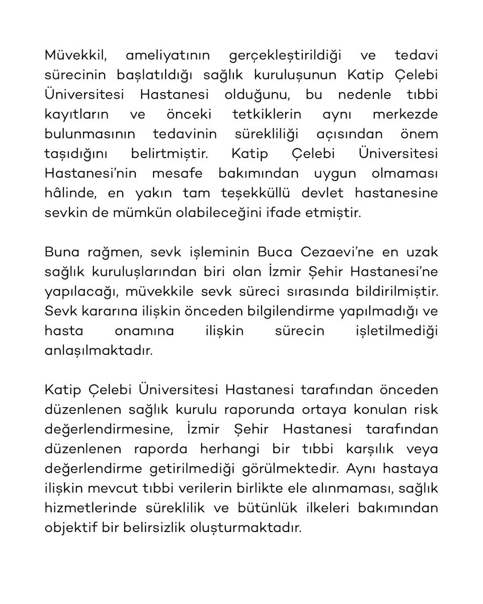 melihhkochan's tweet image. Basın ve kamuoyunun bilgisine…

Müvekkil Mehmet Murat Çalık, boyun bölgesinden kısa süre önce ikinci kez cerrahi operasyon geçirmiştir. Operasyon bölgesinde dikişler henüz alınmamış, yara iyileşmesi tamamlanmamış olup, bölge enfeksiyona açık durumdadır.

Katip Çelebi…