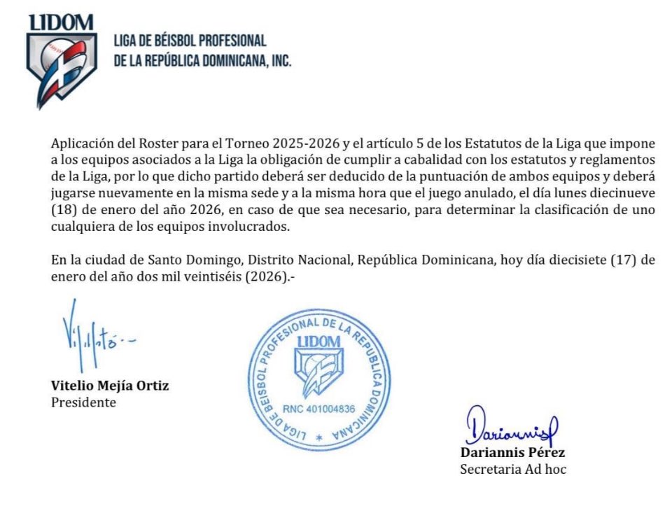 Enrique_Rojas1's tweet photo. Todos cometemos errores.
En documento de anulación del triunfo de Águilas Cibaeñas contra Toros del Este, la Liga Dominicana ordena que se juegue el lunes diecinueve *(18) de enero el encuentro. 
*Dos fechas distintas. https://t.co/RUjfQQl8B2