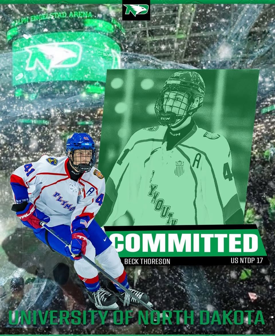 CollegePuckNXT's tweet photo. ‼️🚨BREAKING🚨‼️

The North Dakota Fighting Hawks have received a commitment from Beck Thoreson!
🟢⚫️🪶

The ‘09 born LHD from Moorhead, MN has 3 points in 10 GP during the 2025-26 season for 🇺🇸 NTDP U17’s https://t.co/Wm0LKRuSUP