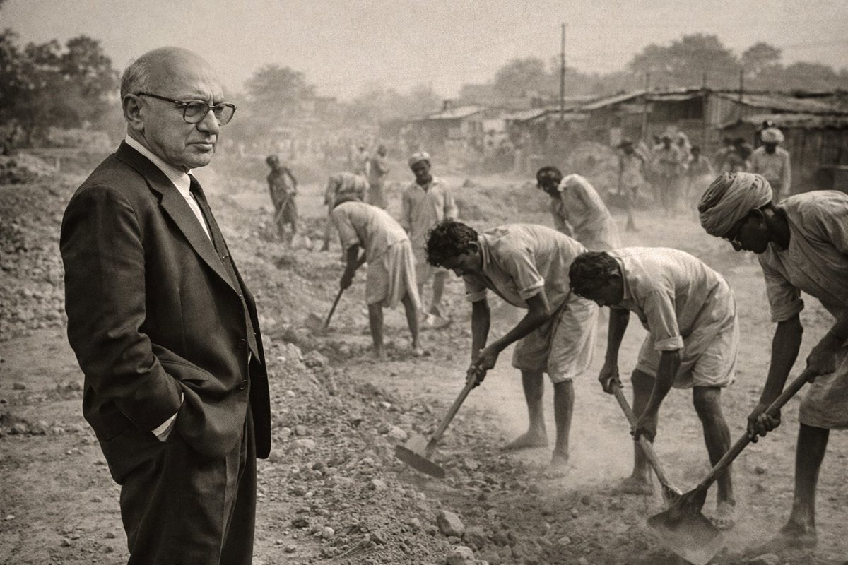 MadeInAncapia's tweet image. Milton Friedman visita la India y ve a obreros construyendo una ruta con palas.

Sorprendido, pregunta:

—¿Por qué no usan maquinaria? Con excavadoras terminarían mucho más rápido.

Le responden:

—Porque esto es un programa para generar empleo.

Entonces Friedman contesta:…