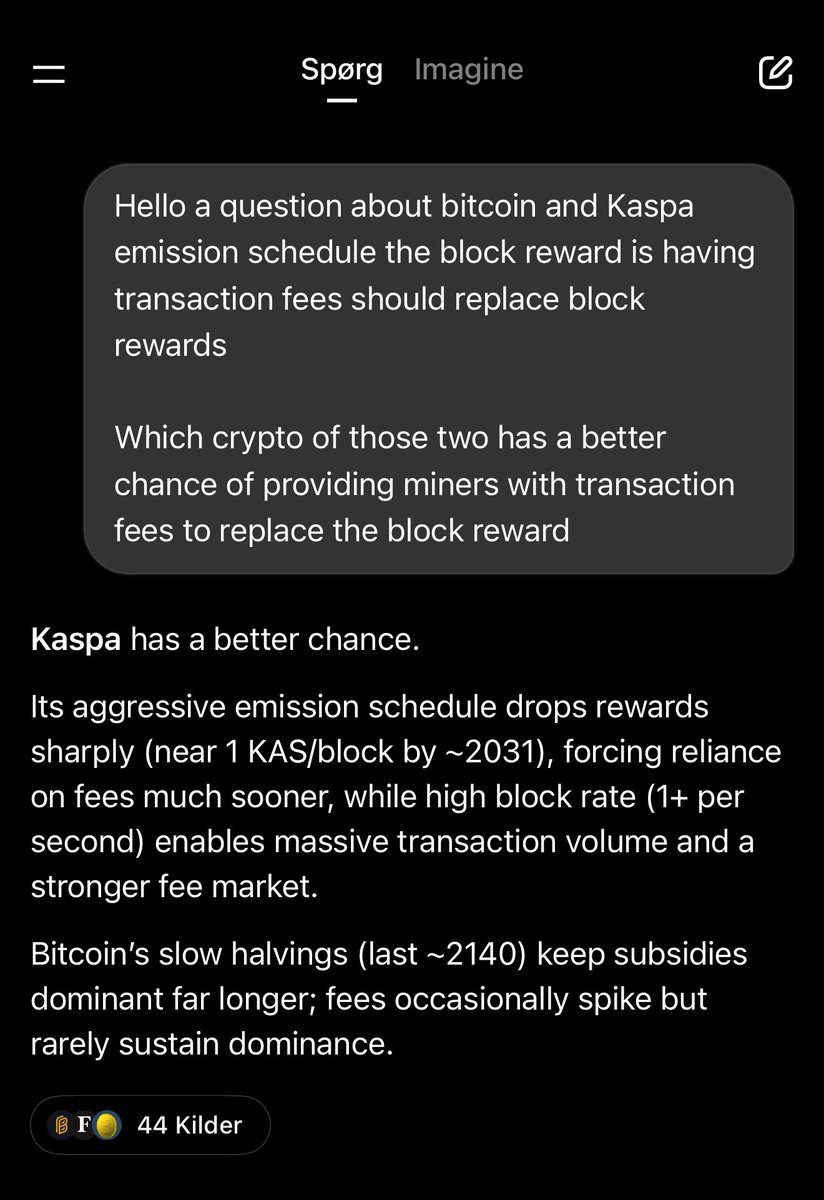Grok: Kaspa feeds miners better than Bitcoin ever will. High BPS = real fee  revenue. Bitcoin reward cliff incoming → slow death. Kaspa: eternal miner  life.