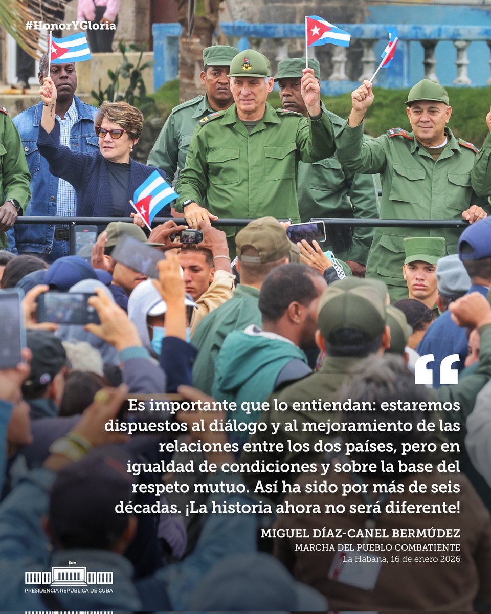🇨🇺| Presidente <a href="/DiazCanelB/">Miguel Díaz-Canel Bermúdez</a>:

Estaremos dispuestos al diálogo y al mejoramiento de relaciones entre los dos países, pero en igualdad de condiciones y sobre la base del respeto mutuo. Así ha sido por más de seis décadas.

#HonorYGloria ✊️

📎| youtu.be/zmIrwLWRo-o?si…