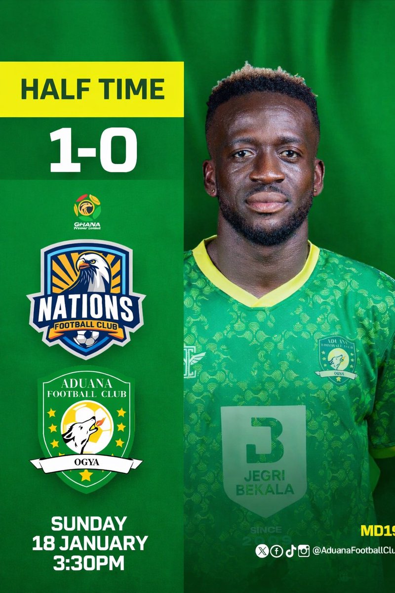 ⏸️ HALFTIME
<a href="/nationsfcgh/">Nations Football Club</a> 1–0 Aduana FC.
We regroup and come back stronger in the second half 💪🔥
#AduanaFC
#Ogya 
#GPL 
#GPLMW19
🔥🐕