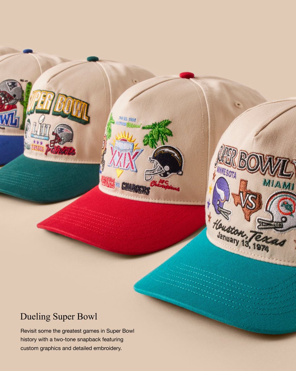 47's tweet image. The NFL Dueling Super Bowl Collection revisits some of the greatest games in Super Bowl history with custom graphics and detailed embroidery.

Explore the collection: 47brand.com/collections/du…