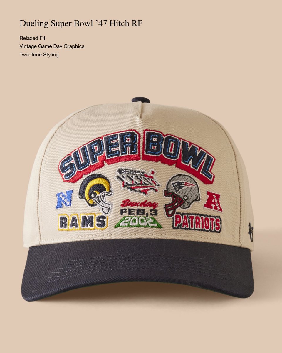 47's tweet image. The NFL Dueling Super Bowl Collection revisits some of the greatest games in Super Bowl history with custom graphics and detailed embroidery.

Explore the collection: 47brand.com/collections/du…