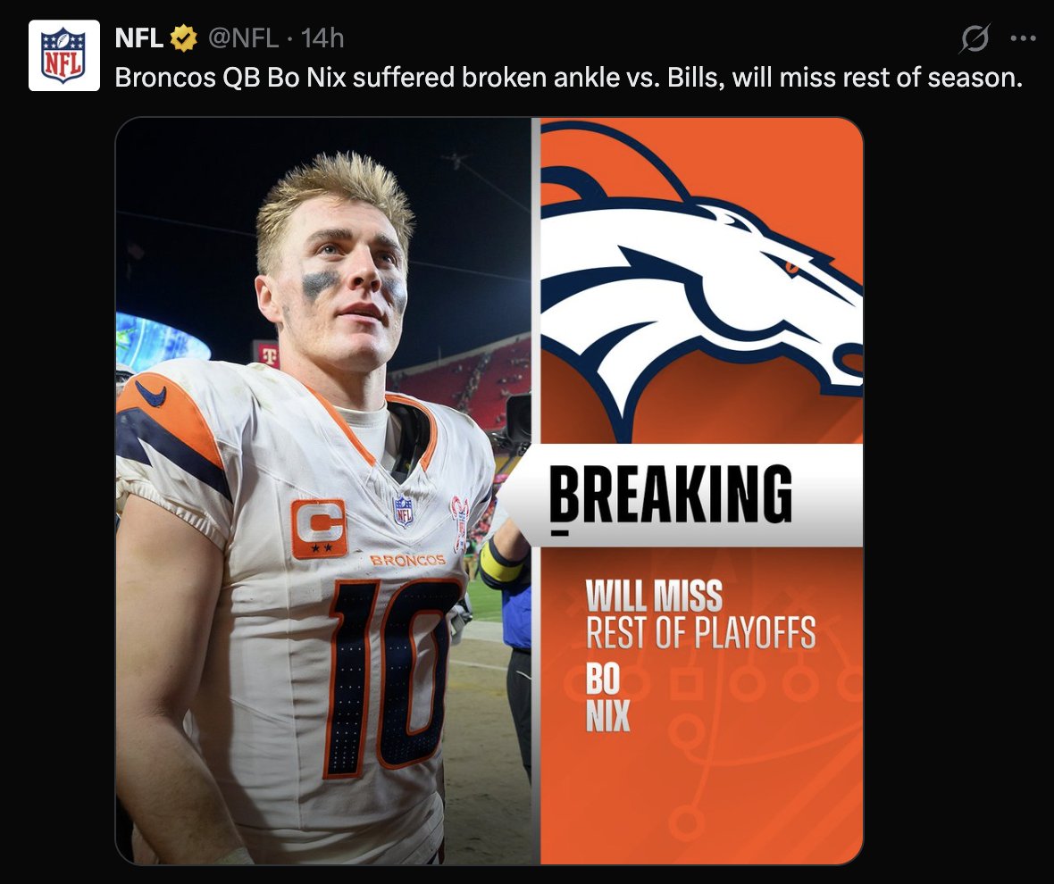 jodybaker80's tweet image. The @NFL posting an empathic post about poor Josh losing a game with 5 team turnovers and then blaming the loss on the OT interception and penalties. The sad face emoji was a nice touch. 😏

On the other hand, all Bo Nix got was a straightforward post about breaking his ankle. No…