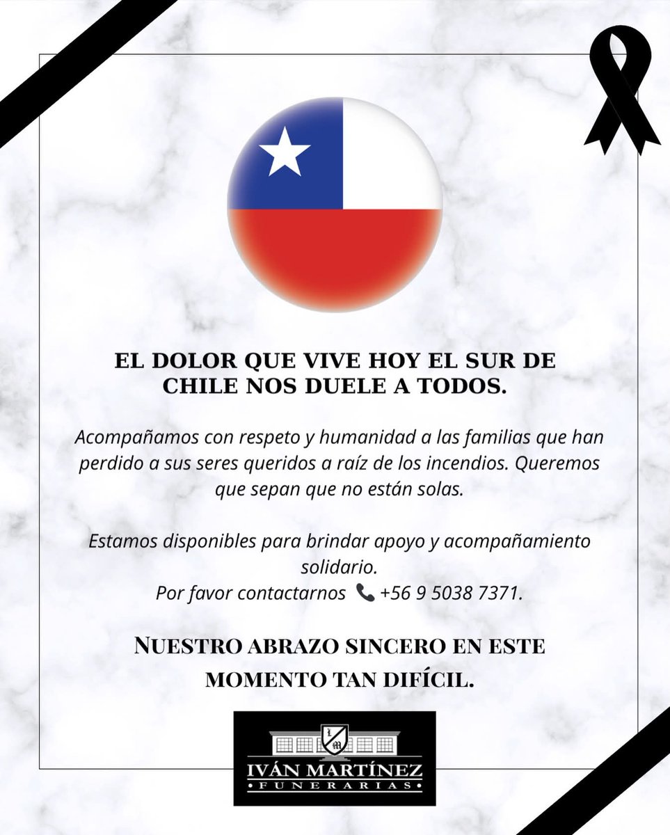 UlloaG_Fernando's tweet image. 🔴#AHORA| Funeraria Iván Martínez donará servicio a familias de víctimas de incendios forestales en el sur del país. "Si conoces a alguien que pueda necesitar este apoyo, favor llamar al +56 9 5038 7371", señala la funeraria.