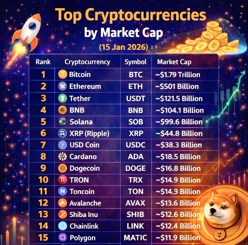 🪙 Top Crypto Currencies by Market Cap 💰 1. Bitcoin ₿ BTC → ~$1.79  Trillion 🔥👑 2. Ethereum 🦄 ETH → ~$501 Billion ⚡✨ 3. Tether 💵 USDT →  ~$121.5 Billion 🟢