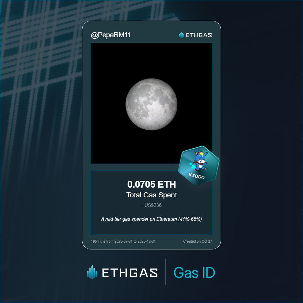 Just unlocked my Gas ID via ETHGas 🪪

I'm a Kiddo Jack with 0.0705 ETH spent on gas since Beacon Chain - now fueling my climb to the Gasless Future and earned 25 Beans already. 

Reveal yours at ethgas.com/community/gas-…
