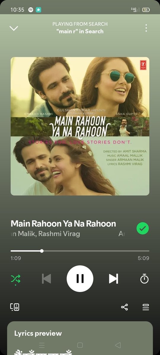 pannanasrin1's tweet image. Which song of @AmaalMallik is currently playing now on Spotify 

Drop your screenshot while quoting this

Mine is  #MainRahoonYaNaRahoon

I further nominate @anon_sayla