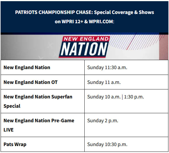 wpri12's tweet photo. GAMETIME is at 3 p.m., but catch the New England Nation Pre-Game LIVE from Gillette at 2 p.m. and more New England Nation shows and specials on WPRI 12+ and https://t.co/h1I5xHk4Gs.
#Patriots #NewEnglandNation #NENation https://t.co/EqheM6p4zS