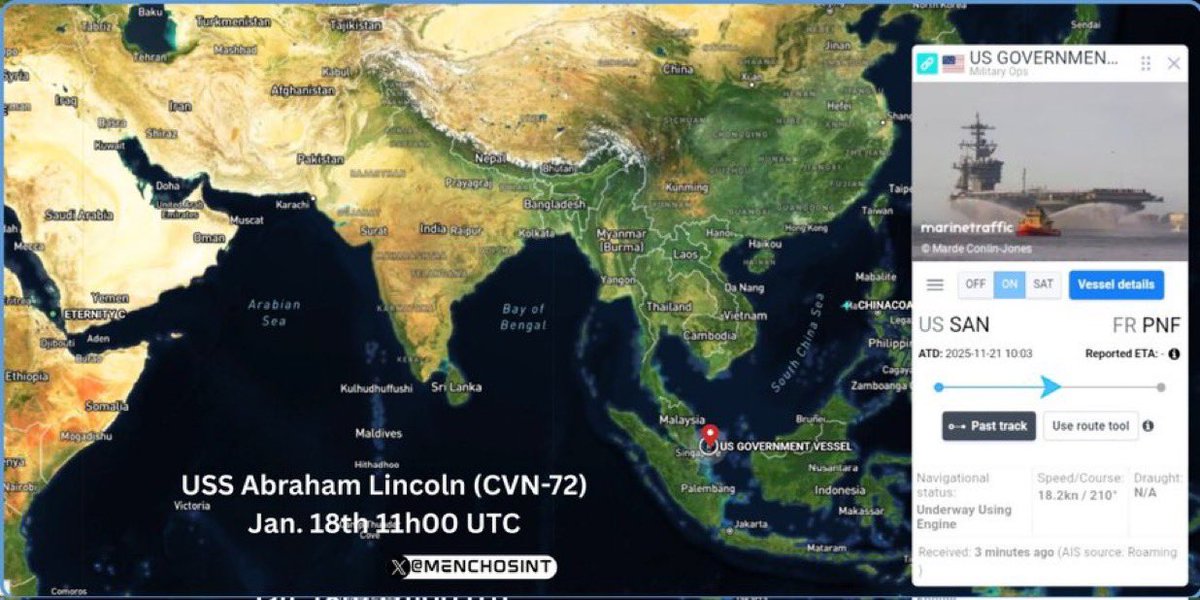 🚨🚨🚨عاجل

تم رصد حاملة الطائرات الأميركية «أبراهام لينكولن» على أعتاب مضيق ملقا متجهه الى الشرق الأوسط