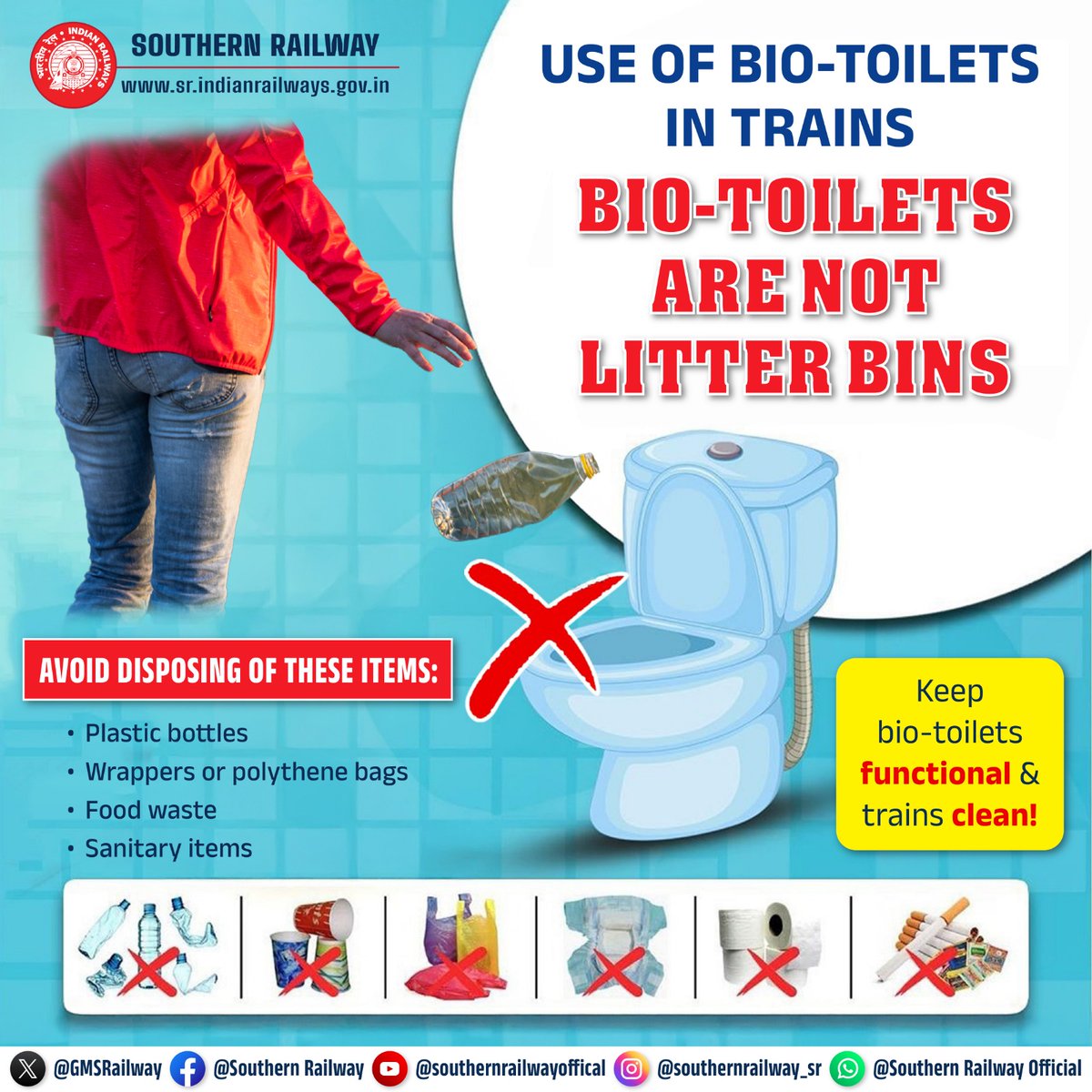 SalemDRM's tweet image. Help keep train toilets functional and trains clean by using bio-toilets responsibly. Do not dispose of plastic bottles, wrappers, food waste, or sanitary items inside bio-toilets.

#SouthernRailway #IndianRailways #CleanTrains #BioToilets #PassengerResponsibility