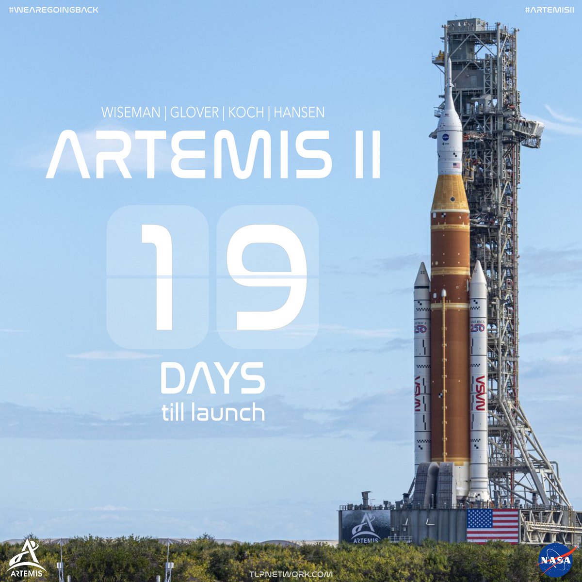 🚨L-19 days and counting till Artemis II launch!🚨

For the first time in more than 50 years, a rocket built to carry humans around the Moon is standing on the launch pad. 🌎🚀🌕

📅Launch NET: February 6, 2026
🕘Launch Window: 9:41 PM – 11:41 PM ET

Follow us for the latest