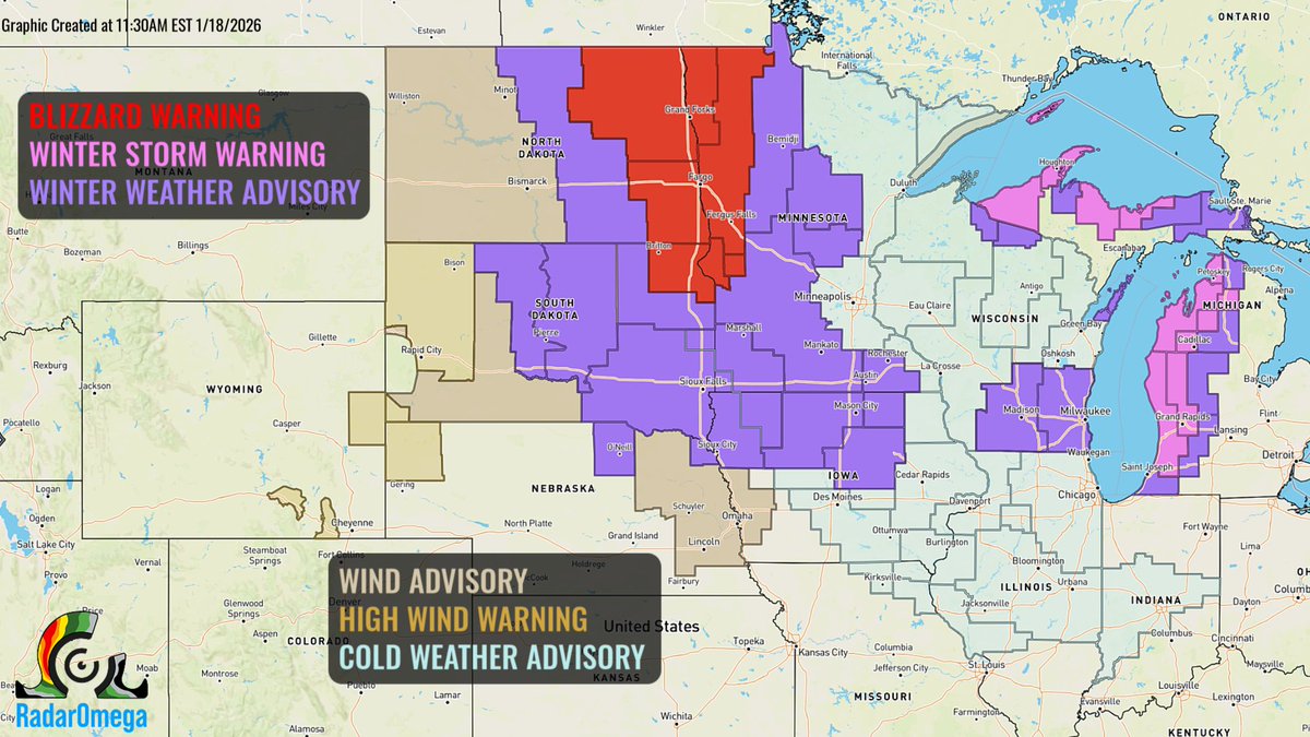 RadarOmega's tweet image. Snow showers and strong winds will spread from the Northern Plains into the Midwest this morning and afternoon. Wind gusts up to 60mph and whiteout conditions are possible in parts of ND into MN, where Blizzard Warnings are in effect. #NDwx #MNwx #SDwx