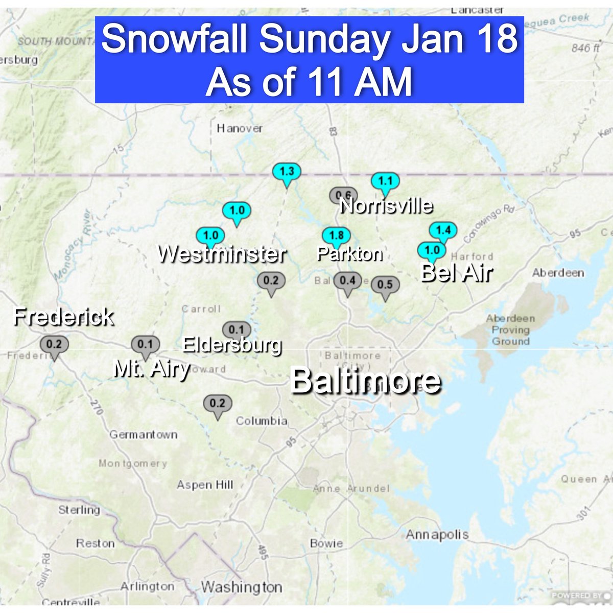 JustinWeather's tweet image. ❄️ Sunday Morning Snow Totals
Jan 18 as of 11 AM
📊 Definitely lower totals in Maryland but more in parts of Central PA. 
📍 Overall a very similar area as Saturday, but the snow line shifted north about 10-20 miles in spots. 
⭐️ Here’s the Maryland List and maps for MD and…