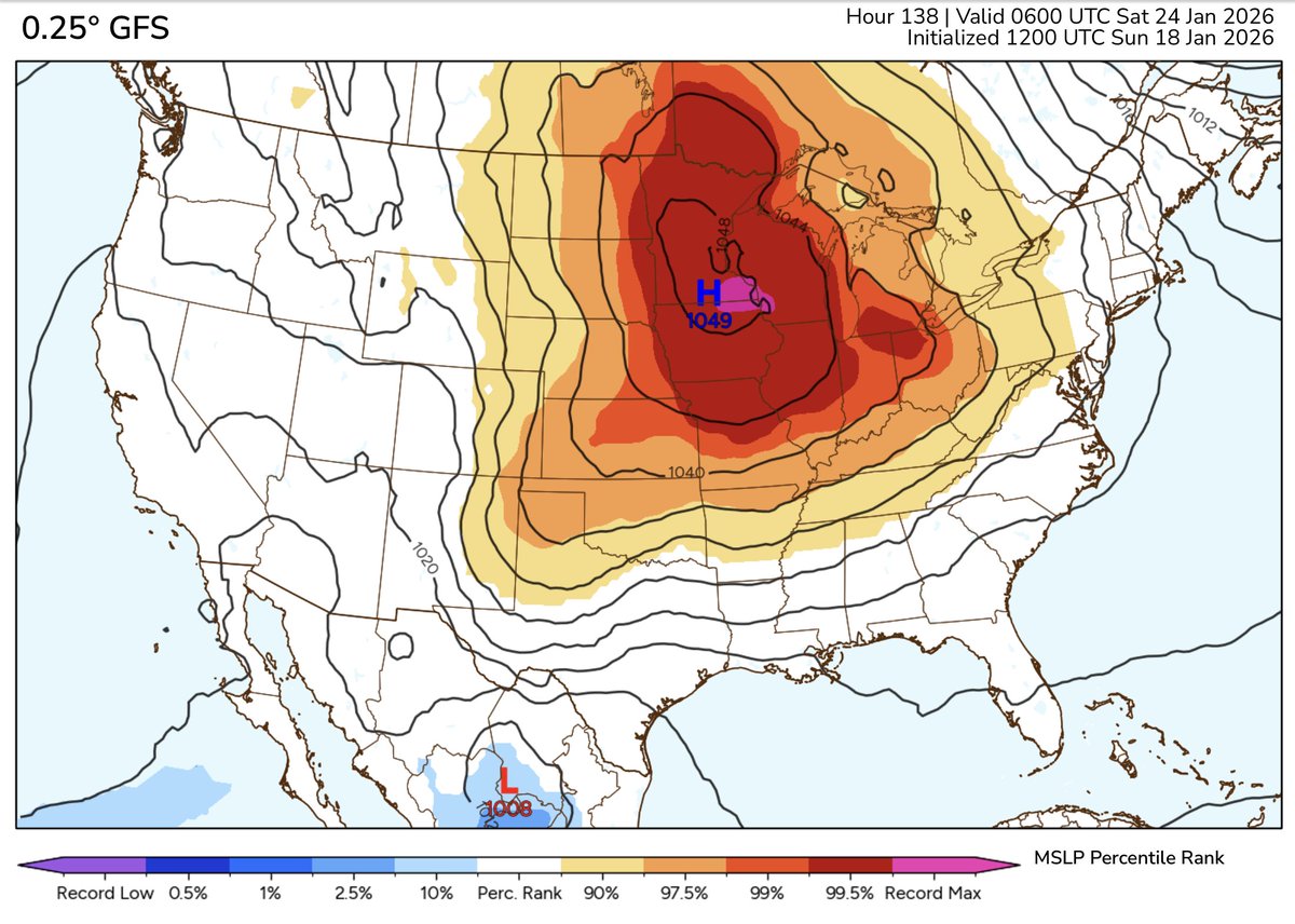 webberweather's tweet image. The 12z GFS drops a record breaking, ~1050mb surface high down into Minnesota at day 5.

Holy 💩
