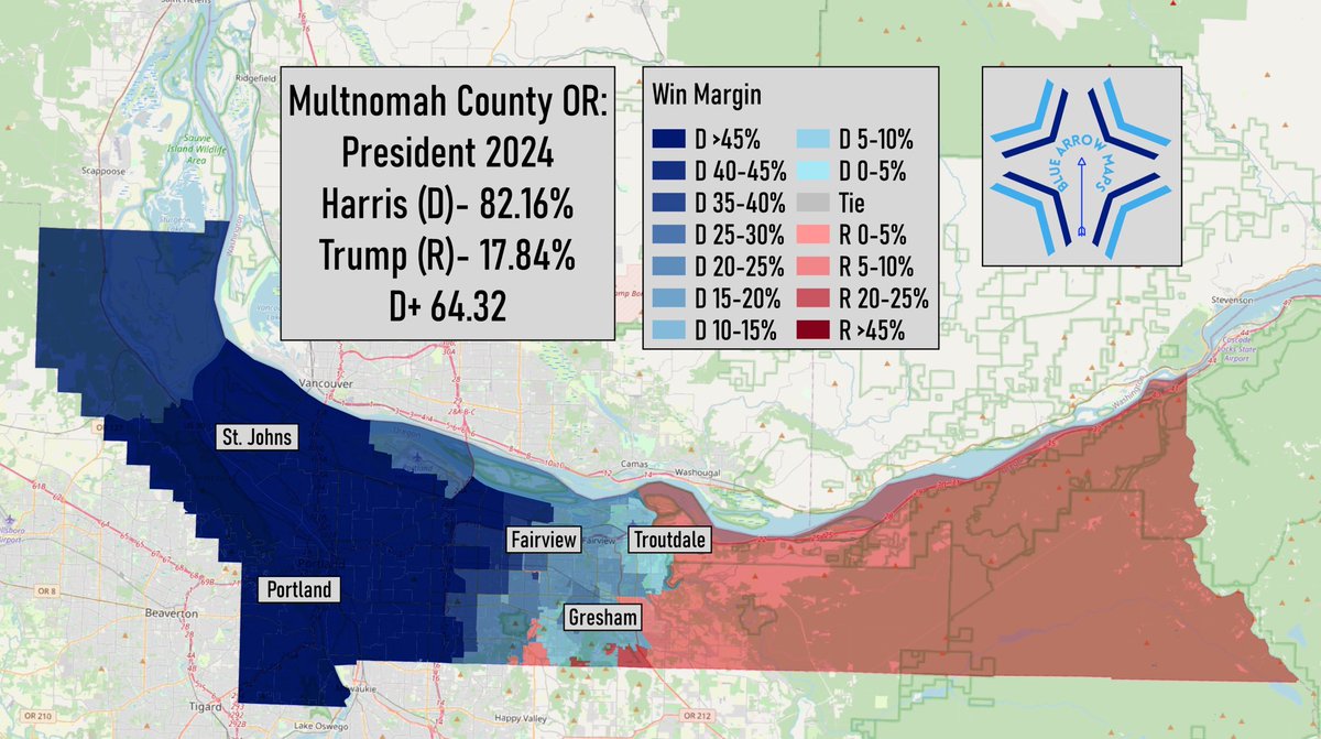 Multnomah County OR is home to Portland, and is the state’s largest county. Harris won it by 64 points, with Portland delivering most of that margin. Trump did best in the exurban/rural turf in the east #ElectionTwitter