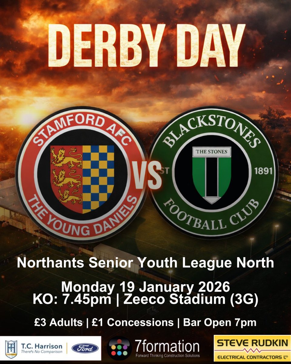We can't wait for this - tomorrow is derby day in Stamford as we welcome <a href="/BlackstonesFC/">Blackstones FC</a> to Borderville.

The bar will be open from 7pm serving hot and cold drinks, so come on down and get behind the Young Daniels!

#grassrootsfootball #youthfootball #nonleague #stamford
