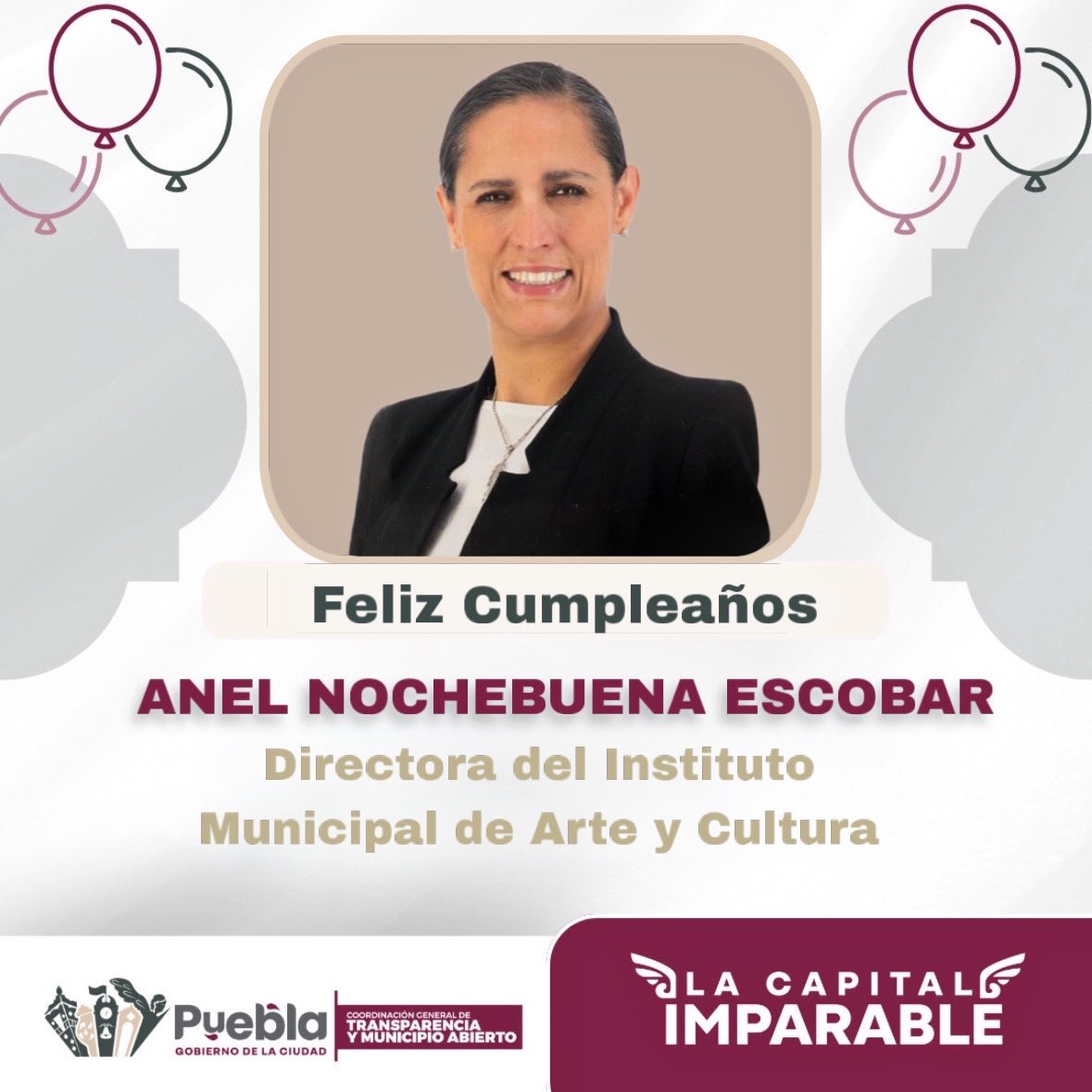 ¡Le deseamos un Feliz Cumpleaños a <a href="/anelnochebuena/">Anel Nochebuena</a>, Directora del  <a href="/IMACP/">Instituto Municipal de Arte y Cultura de Puebla</a>!🎂
Desde la Coordinación General de Transparencia y Municipio Abierto le deseamos un año lleno de bendiciones y éxitos. 🎉