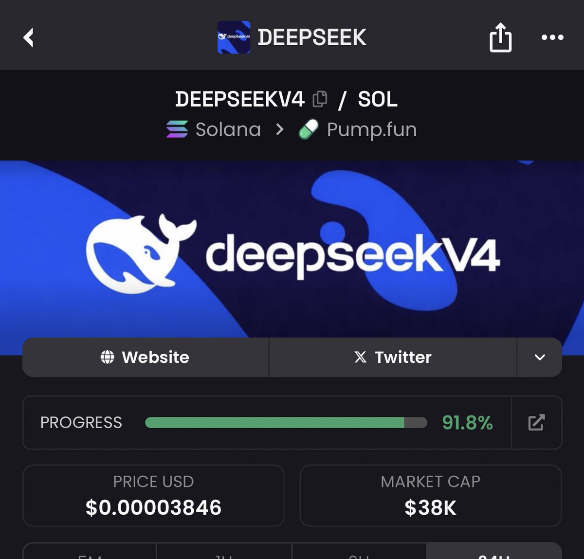 RealAfricaWhale's tweet photo. Ai Season Here

Deepseek V4 is coming next month and it’s going to be very crazy 

BC7r1tW6wwESwFgXa39HZNWrD7913z4HVX131Kmopump

Just 38k now, generational front run. https://t.co/CXOV63DSPa