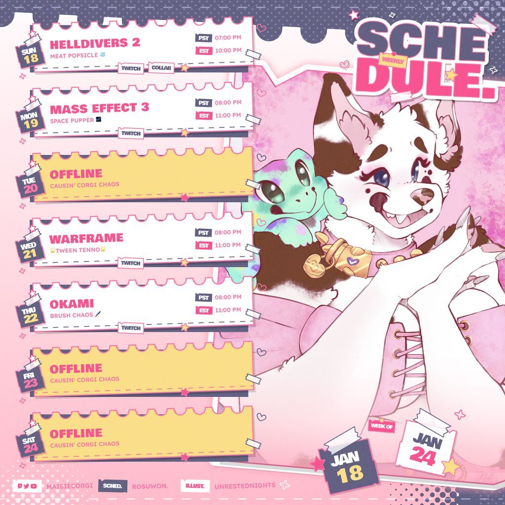 MaisieCorgi's tweet photo. ✨Schedule Drop! 🎮

Let's celebrate with friends, play games very badly, and create memories that will probably live in clips forever! Ready for a fun and slightly unhinged week? 🤪

🔗 Link in bio!

Art Tags:
🎨 #maisart
🔞 #lewdsie https://t.co/0awR80IFnE