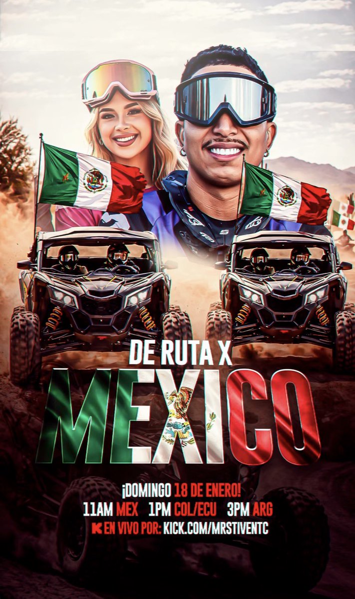 Sxgarrax's tweet image. DE RUTA X MÉXICO 🇲🇽 

¡Domingo 18 De Enero!

🇲🇽 11PM MEX
🇨🇴 1:00PM COL/ECU
🇦🇷3:00PM ARG

🎥 Link: kick.com/mrstiventc