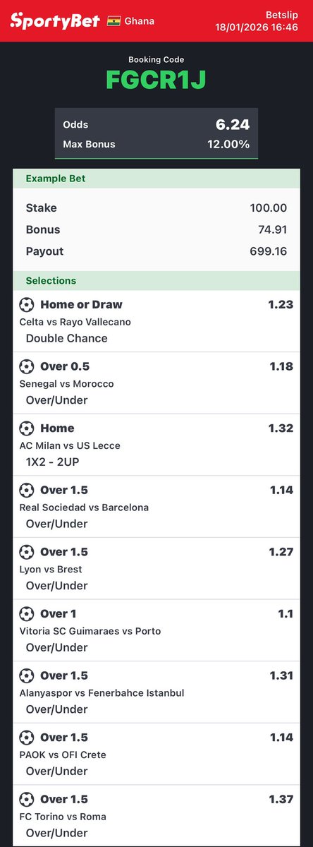 ceobesttips's tweet image. GOOD GAME 🫶🏽❤️

Odds: 6+🍾🍾🍾

CODE &amp;gt; 
FGCR1J

EDIT ✍️ &amp;amp; STAKE HIGH ✅

GOOD LUCK 🍀

#sportybetGH #foryou #6Odds