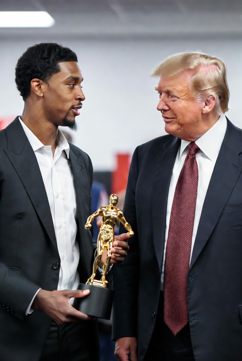 Shai Gilgeous-Alexander remettant à Donald Trump SON trophée de MVP de la NBA.