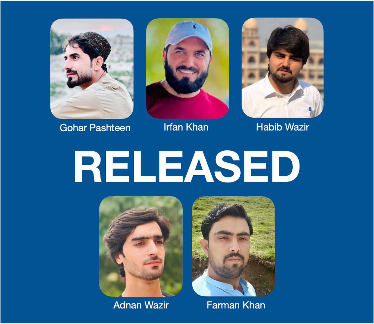 samanthaleaning's tweet photo. RELEASED - 18th January 2026

Wonderful new, but as we celebrate the release of Irfan Khan, Farman Khan, Adnan Wazir, Habib Wazir and Gohar Pashteen and extend heartfelt congratulations to their families, let us not forget Noorullah Tareen and Hanif Pashteen who remain disappeared.

@PTIKPOfficial @FCDOGovUK @ukinpakistan @KaroblisR @DanielZeichner @YvetteCooperMP @amnestysasia @dawn_com @SohailAfridiISF @HFalconerMP @AusHCPak @Europarl_EN @EUPakistan @JennyChapman
@ForeignOfficePk @CSKPOfficial @bbcworldservice @BBCWorld
@OfficialDGISPR @caroline_gm_d @PakistaninUK @volker_turk

#WhereIsPTMDelegation
#EndEnforcedDisappearances