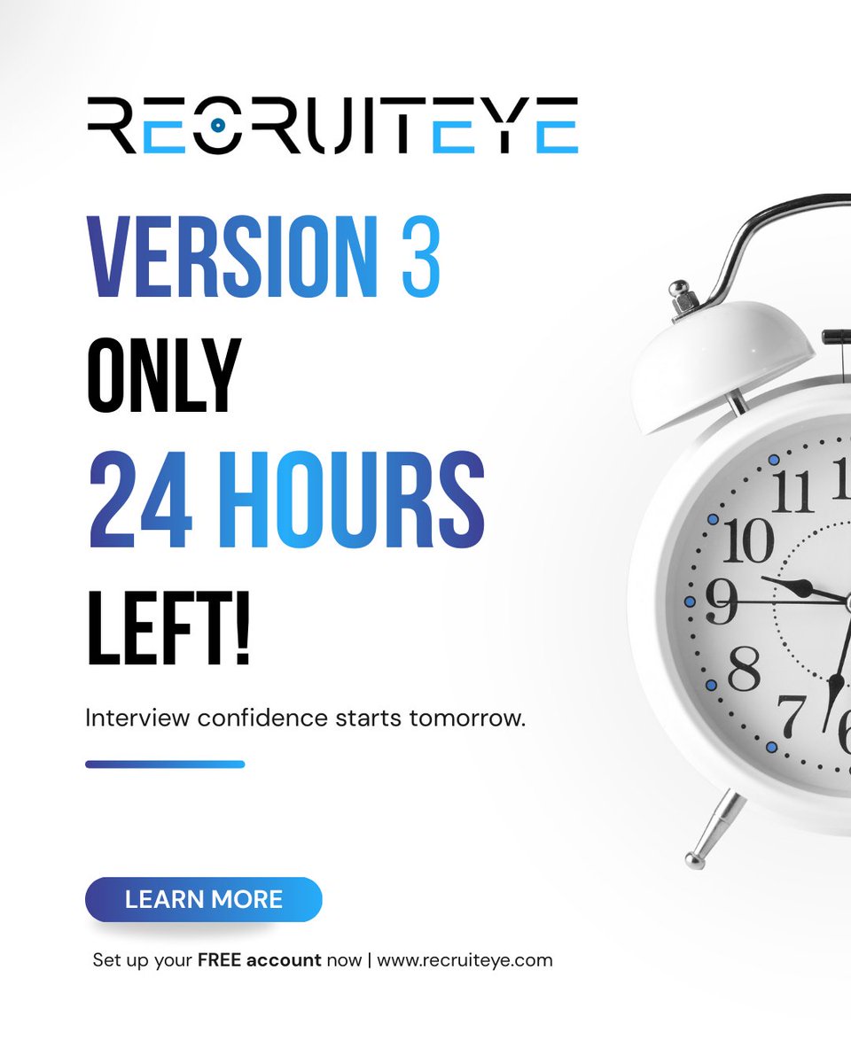 recruiteyeAI's tweet photo. ONE MORE DAY. 🚀

Version 3 drops in 24 hours. A new way to build interview confidence, practice smarter, and walk into every interview with confidence.

Set up your FREE account now: https://t.co/zQJASTcHMn

#RecruitEye #InterviewPrep #Version3 #ComingSoon https://t.co/QL7wzt24dw