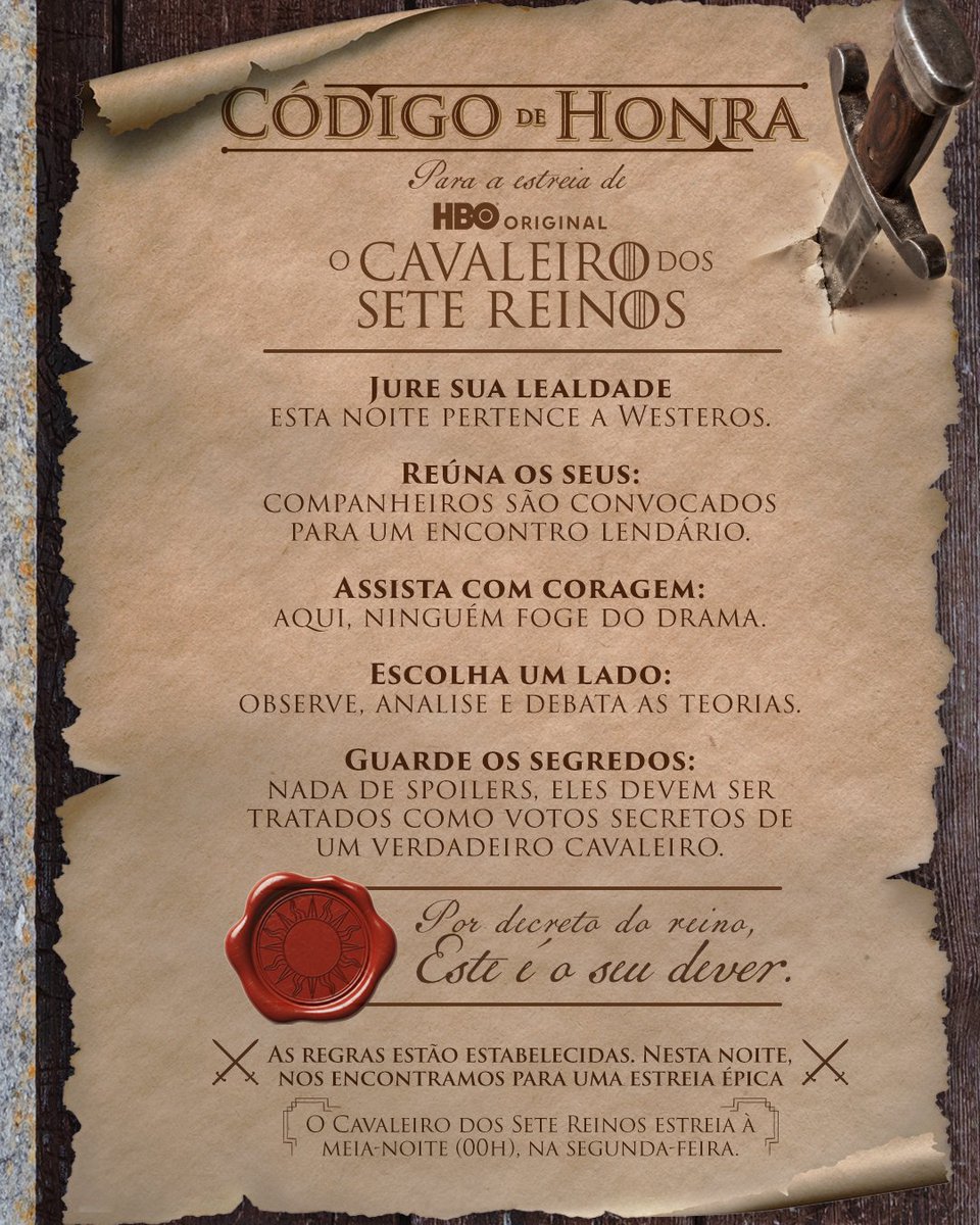 HBOMaxBrasil's tweet photo. A regra é clara: hoje nos encontramos para uma estreia épica ⚔️. #OCavaleirodosSeteReinos chega à meia-noite (00h). Espero você! https://t.co/lCWi7UOqIZ