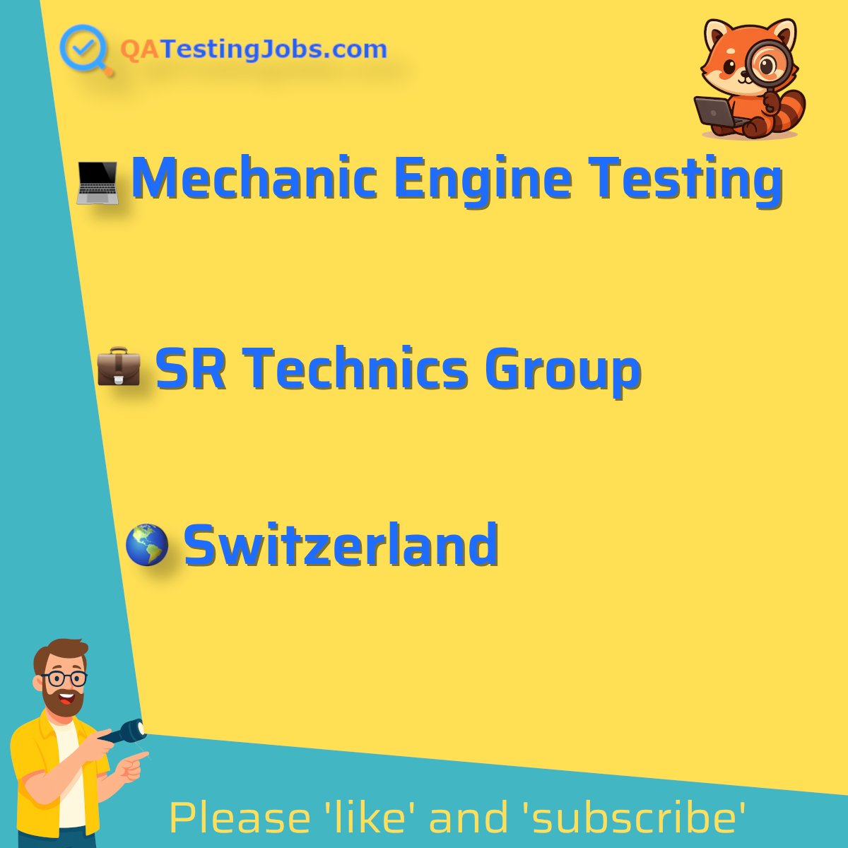 QATestingJobs's tweet photo. Title: Mechanic Engine Testing
Company: SR Technics Group
Country: Switzerland
City: Zurich
Employment Type: full-time
Location: onsite
Remote/Onsite: onsite
Visa Support: 
Link: https://t.co/jtc3U525jV
#communication #costawareness #derigging #documentation #enginetesting #maintenance #msoffice #multilocation #overhaul #problemsolving #qualityawareness #repair #rigging #safetyawareness #sap #teamplayer #technicalsupport #softwaretesting #jobs #qualityassurance #software #testing #tester #testlead #automation #test #engineer #ai #selenium #playwright