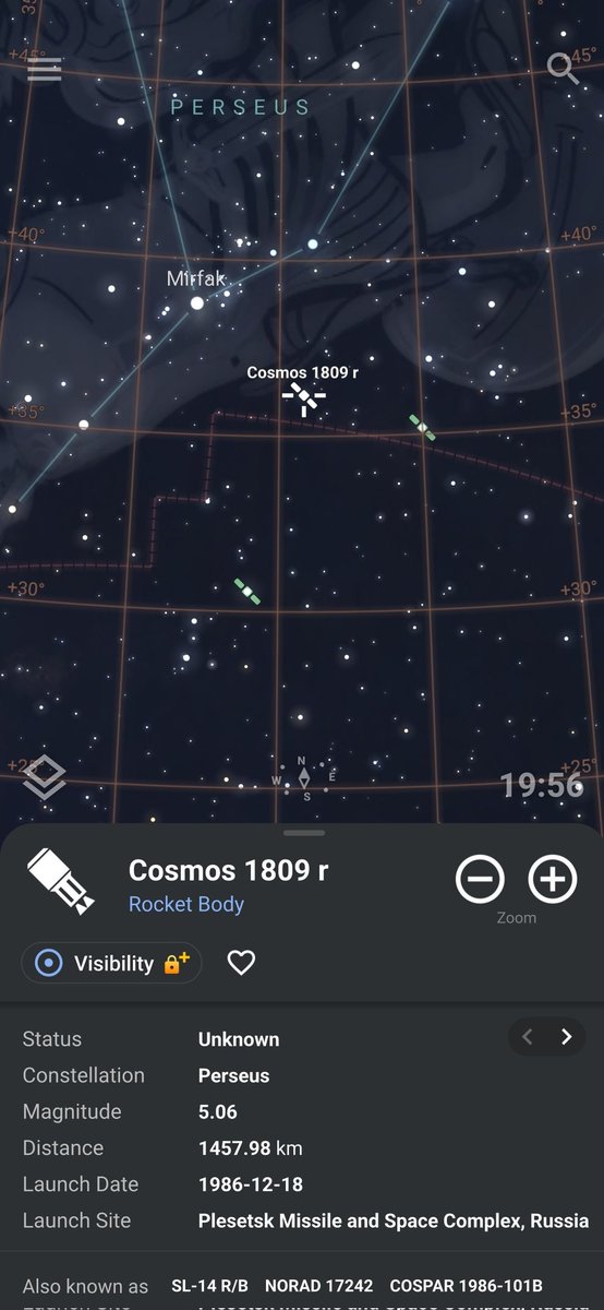 Cosmos 1809 r is the spent upper stage (rocket body) from the 1986 Tsyklon-3 launch that carried the Soviet Cosmos 1809 ionospheric research satellite.
It's a 39-year-old piece of space junk, currently orbiting ~1460 km up, visible at mag 5.06 (binoculars or good eyes needed).