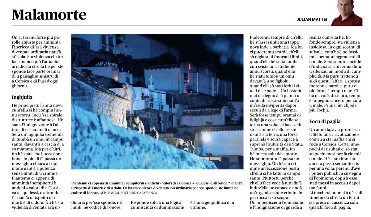 cullittivu's tweet image. «  Tumbà, per a maffia, ùn hè micca solu dà a morte »
Julian Mattei
In Corse-Matin