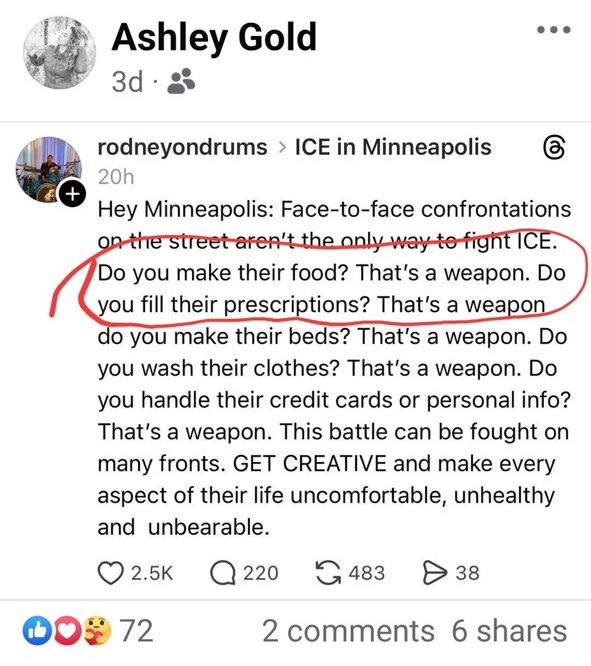 GrageDustin's tweet image. 🚨 SUBMITTED: Crazy leftists are proposing that people poison ICE agents.

Totally normal stuff.