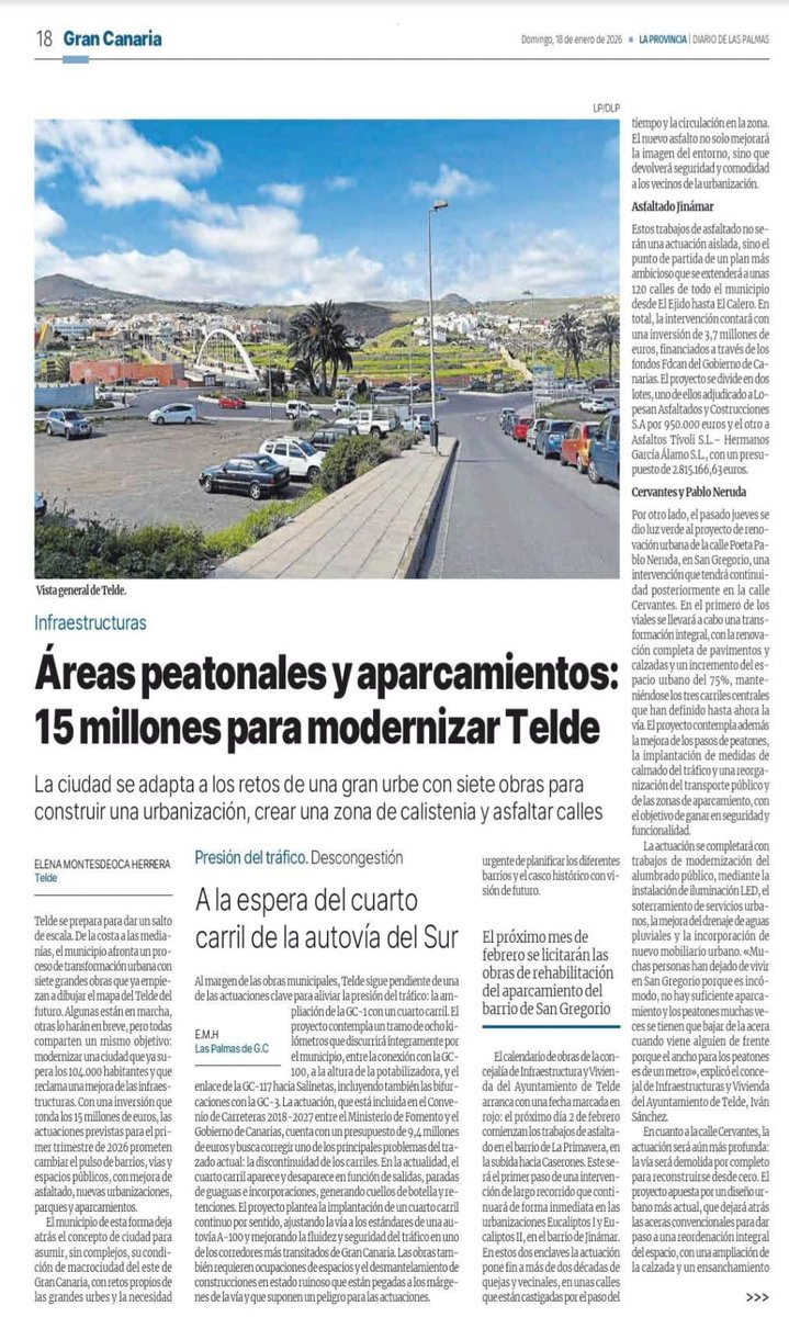 pptelde's tweet image. @pptelde Iván Sánchez, concejal de Vías y Obras PP, 2 años trabajando en revitalizar Telde
1/10/2024 Ejecución del 1°proyecto asfaltado
19/5/2025 Inicio obras urbanización Arauz
12/1/2026 Inicio obras Paseo de Melenara
2/2/2026 Inicio 2°proyecto asfaltado
Feb 2026: Pparking de SG