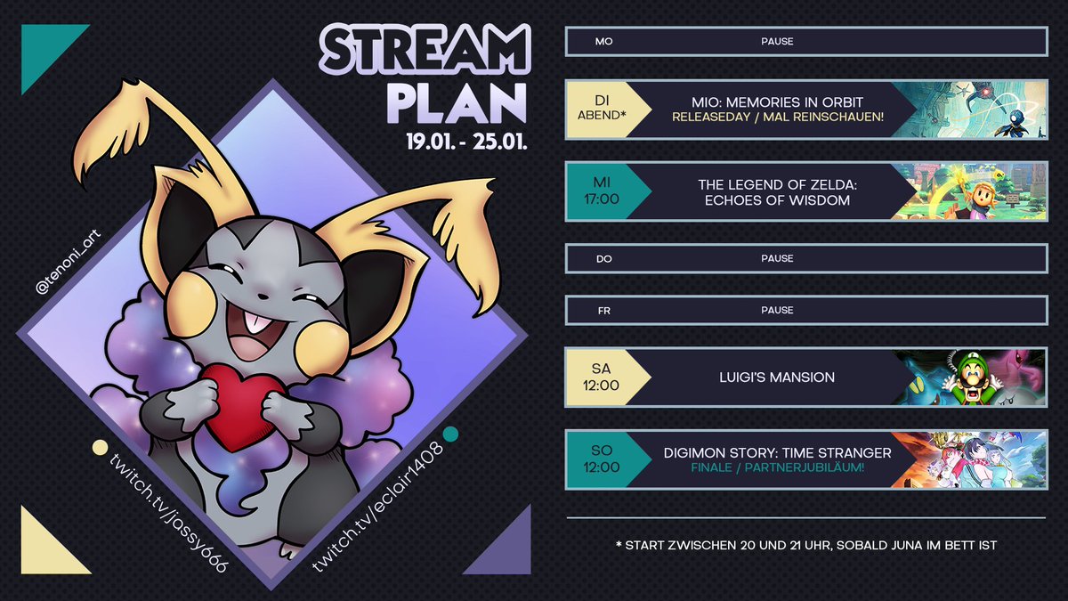 💜 STREAMPLAN! 💜
Nächste Woche geht es wieder weiter mit Zelda und wir widmen uns dem großen Finale von Digimon! 
Außerdem habe ich mein 7-jähriges Twitch-Partner-Jubiläum, wie doch die Zeit vergeht 👀
