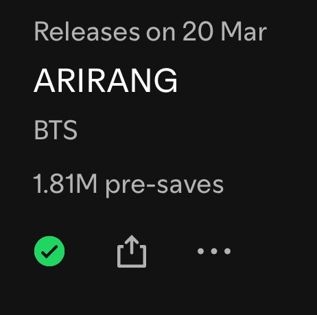 tksovers's tweet image. ARIRANG needs 100K pre-saves daily to set a new record of 7M+ before March 20th

— Keep spreading the link we can easily do it !!