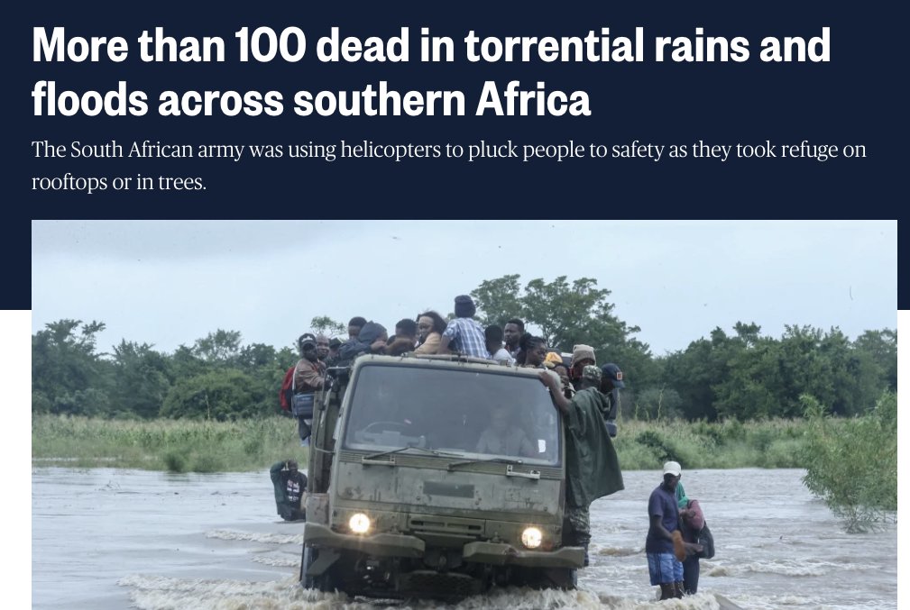 "Army helicopters rescued people stranded on rooftops and hundreds of tourists and workers were evacuated from one of the world's biggest game reserves, as torrential rains and flooding in three countries in southern Africa killed more than 100 people" nbcnews.com/world/africa/d…