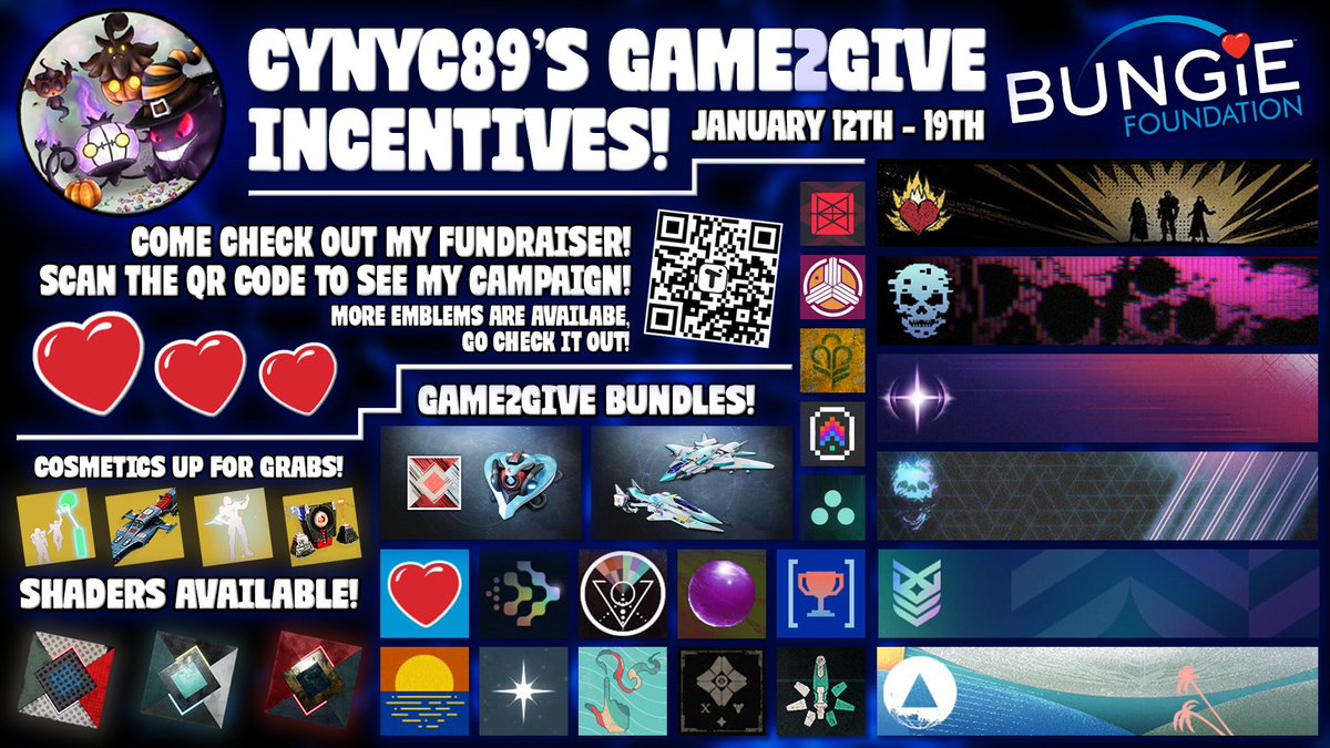 Cynyc89's tweet photo. Day 7 of fundraising for @BungieLove’s #Game2Give. $347 more until $30K lifetime raised. Let's hit that today! Any amount donated helps the cause.
 
https://t.co/ymH1RxGyVj

#Game2Give2026 #Lightkeeper #Bungie #BungieFoundation #Destiny2 #smallfundraiser #Emblem #Emblems #gaymer https://t.co/cEtlaWfpIJ