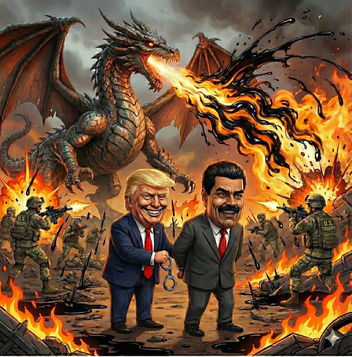 tsun4millennium's tweet photo. Ancient awakened... Marsnians? The dragon bleeds black blood; Venezuela's endless oil empire stirring. Trump cuffs Maduro as US troops battle the beast. What they don't tell you: this isn't just capture. It's the blood of the dragon reclaiming the throne. ππ₯π’οΈβοΈ #AncientAwakens #VenezuelaOil #BloodOfTheDragon #AncientOil #OilEmpire