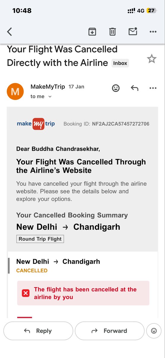 BaljeetSinwar's tweet photo. I cancelled these flights through airline website however i have never visited airline website for these tickets. 
What a level of fraud is going on in this industry by @makemytrip ..
@DeepKalraMMT are you aware about it ? 
@nch1915 i need your intervention in this matter https://t.co/UgRMV2HCI6