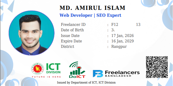 🎉 Exciting news! I am now officially a government-recognized freelancer. 🇧🇩

 This marks a new chapter in my life. I am now offering Web Design, Web Development, and SEO services, showcasing our country’s talent while working with clients worldwide.

#devamir74 #wpdevsquad