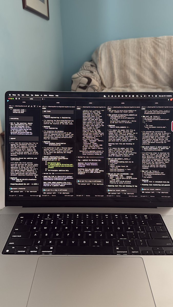 chriscmathew's tweet photo. peak ai vibe coding productivity is 5 terminals in @warpdotdev running either @OpenAI codex or @AnthropicAI claude code https://t.co/mDIstKjzu4